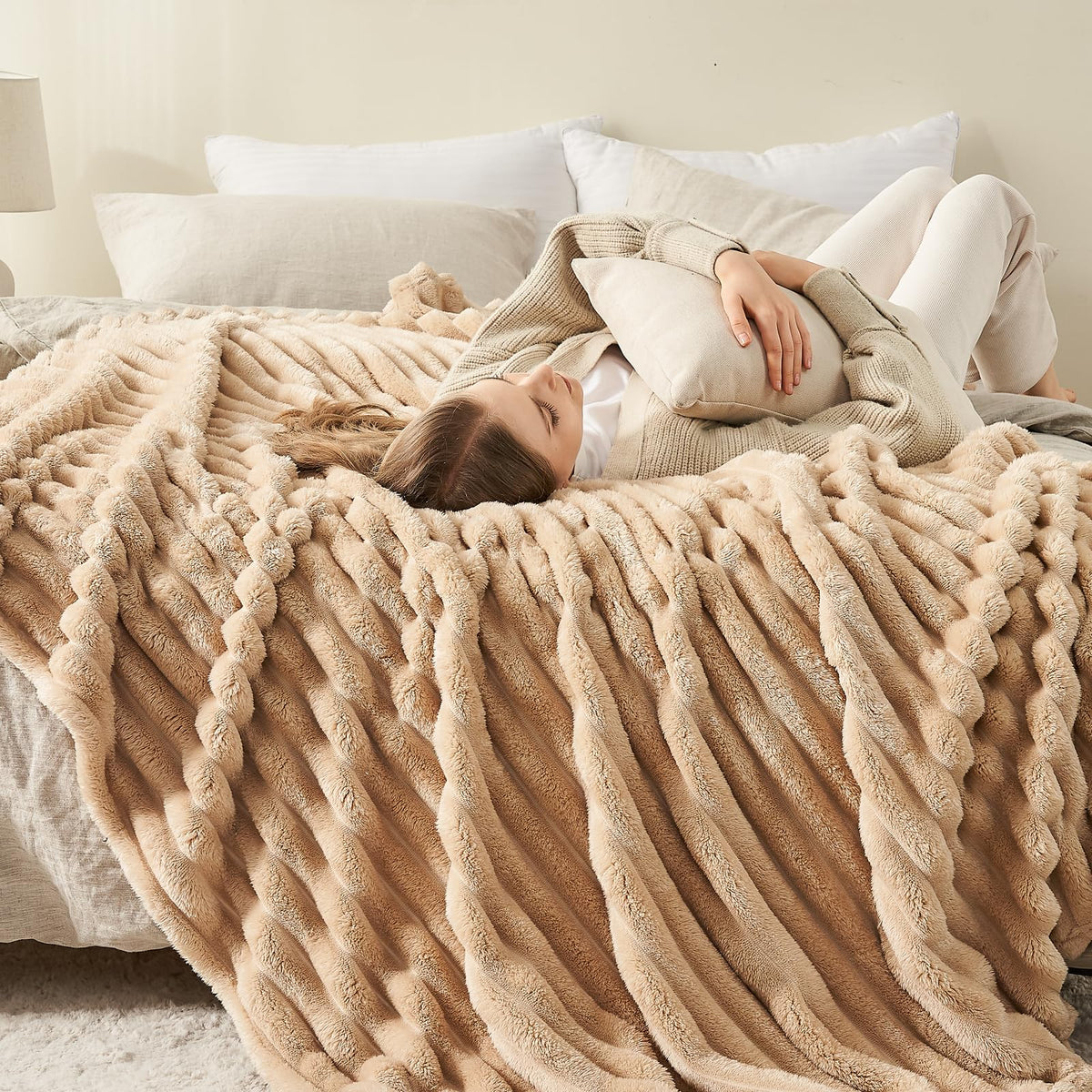 NEWCOSPLAY brown ribbed twin blanket packaged, ready as a gift option.