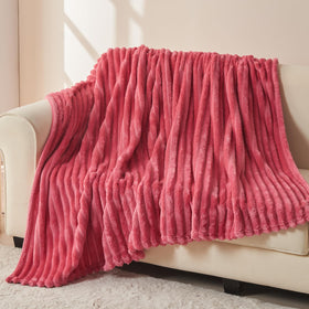 NEWCOSPLAY coral pink ribbed throw blanket showing 3D jacquard texture