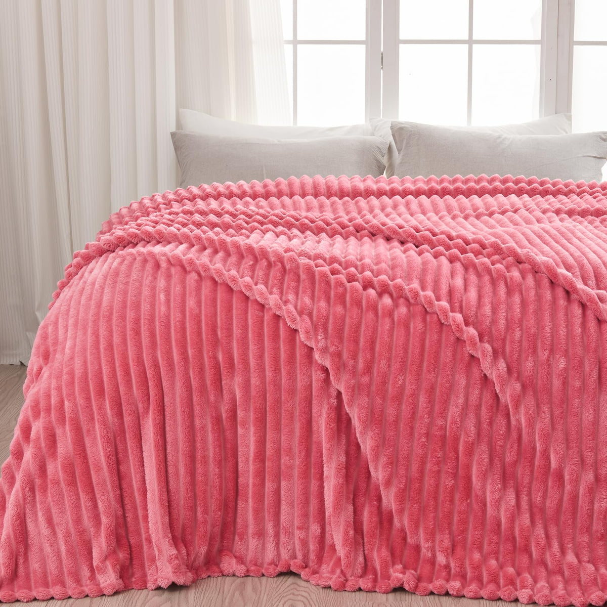 NEWCOSPLAY coral pink ribbed throw blanket all-season warmth