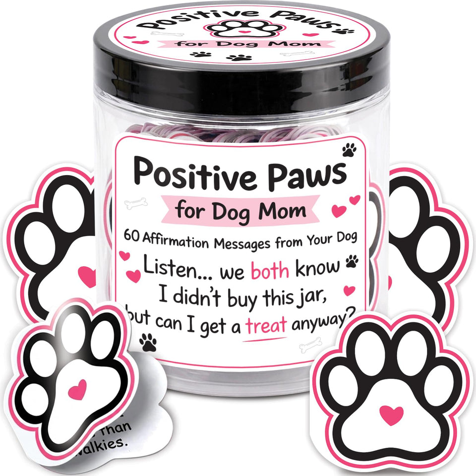 NewEleven paw-print jar holds 60 dog mom messages for daily motivation.