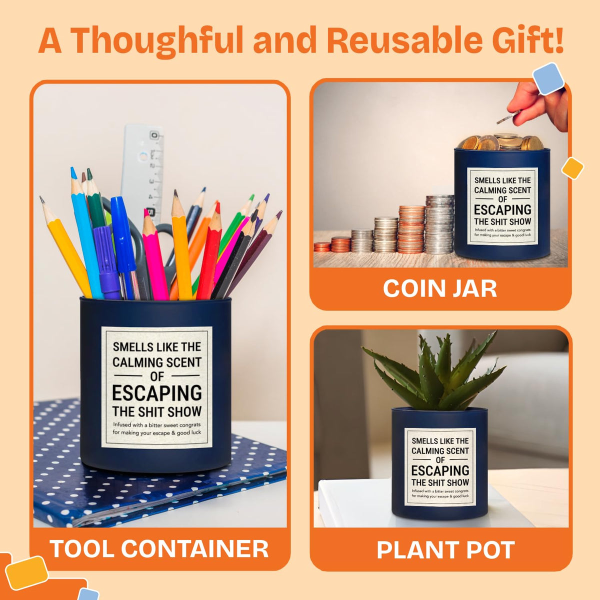 Reused blue glass jar from NewEleven candle offers versatile decor reuse.