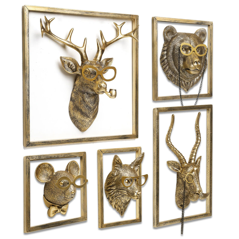 Newinhome animal head wall decor with gold frame enhances living room focal point.