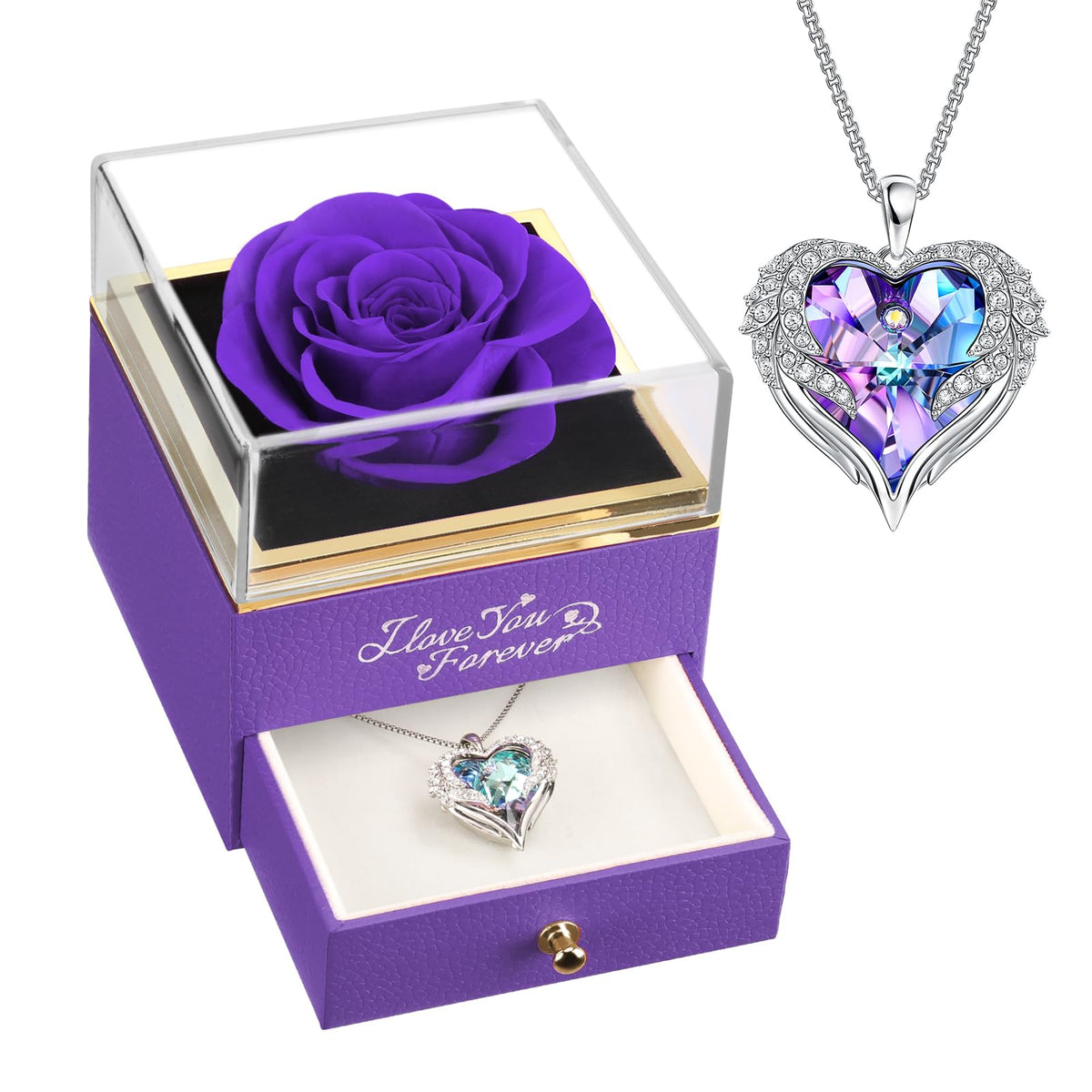 NEWNOVE preserved-rose with angel wings necklace in gift box, lasting romantic keepsake for her
