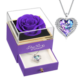 NEWNOVE preserved-rose with angel wings necklace in gift box, lasting romantic keepsake for her