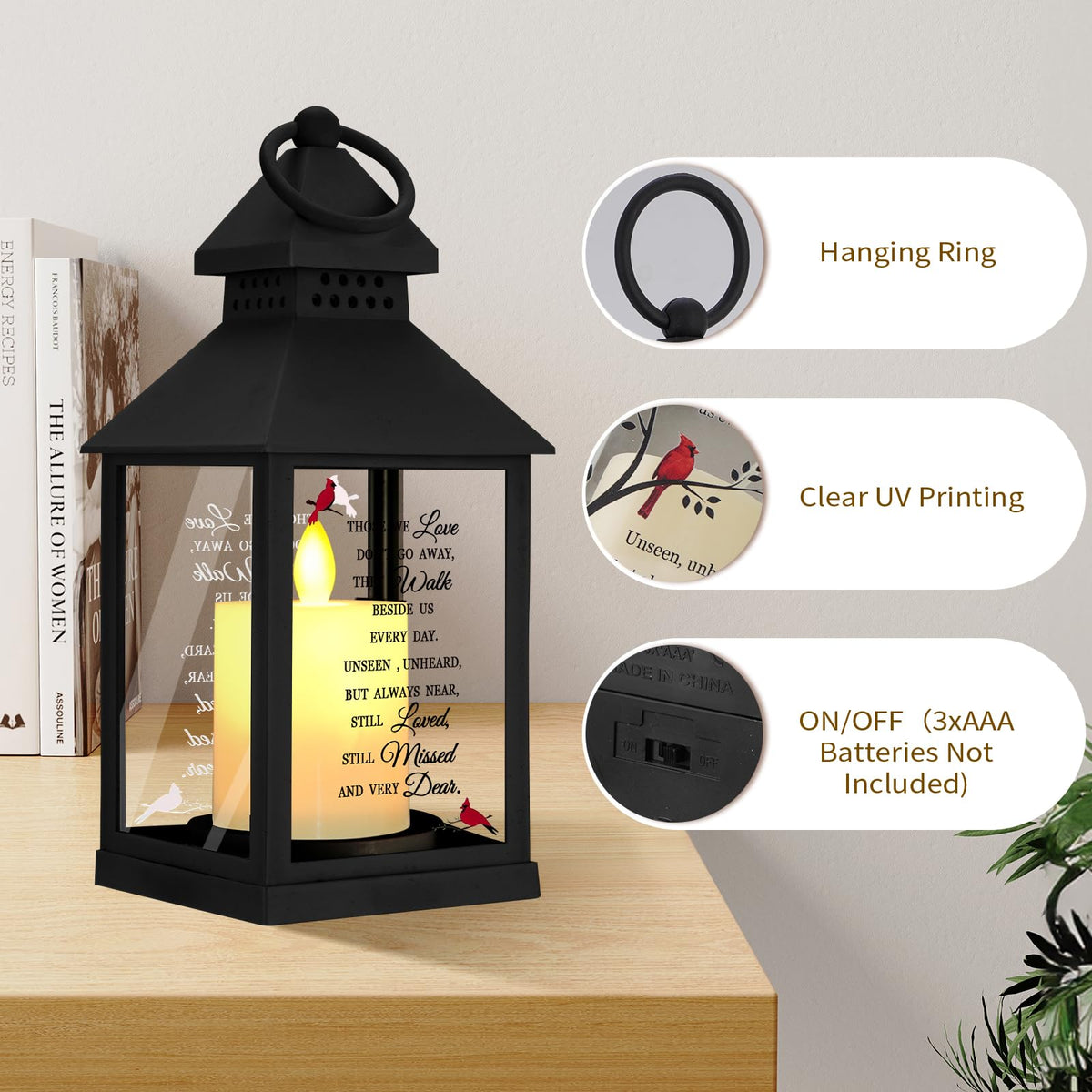 Newoh memorial lantern showing glass sides casting a warm glow