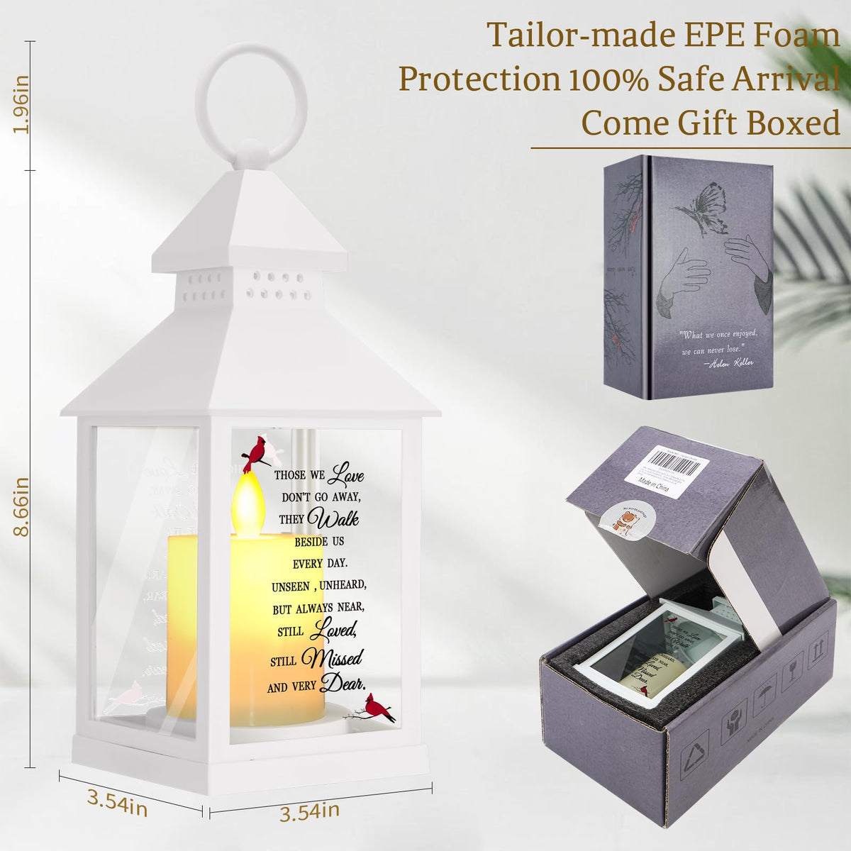 Newoh memorial lantern showing glass-side panels with bright glow