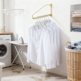 NEWRAIN brushed gold wall mount base secures the rack for organized closets.