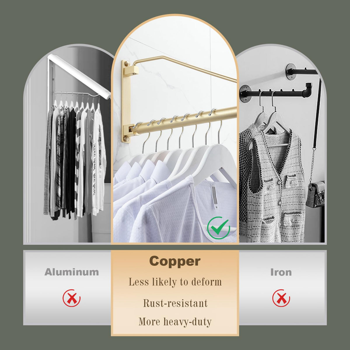 NEWRAIN heavy-duty brass clothes rack holds jackets and jeans neatly.