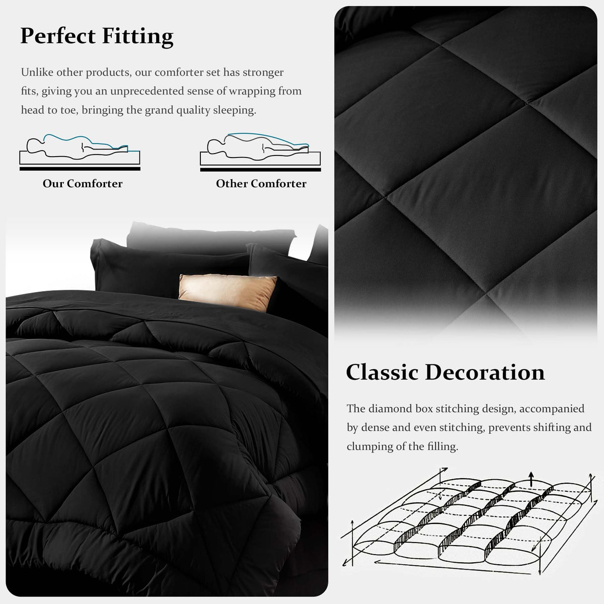 Newspin Queen Comforter Set Black all-season warmth suitable for year-round use.