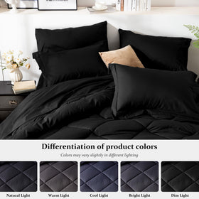 Newspin Queen Comforter Set Black includes pillow shams, pillowcases, sheets, and bed skirt for a full setup.
