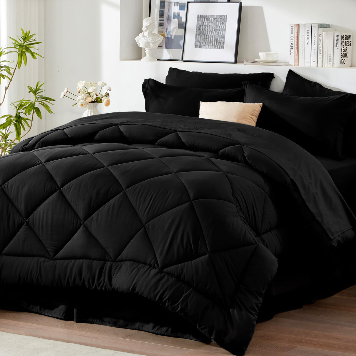Newspin Queen Comforter Set Black overview showing all-season bedding in a bag for quick styling.