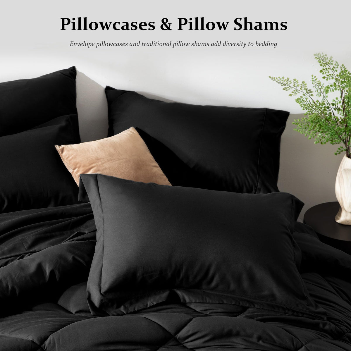 Newspin Queen Comforter Set Black vacuum-sealed packaging ready to unbox.