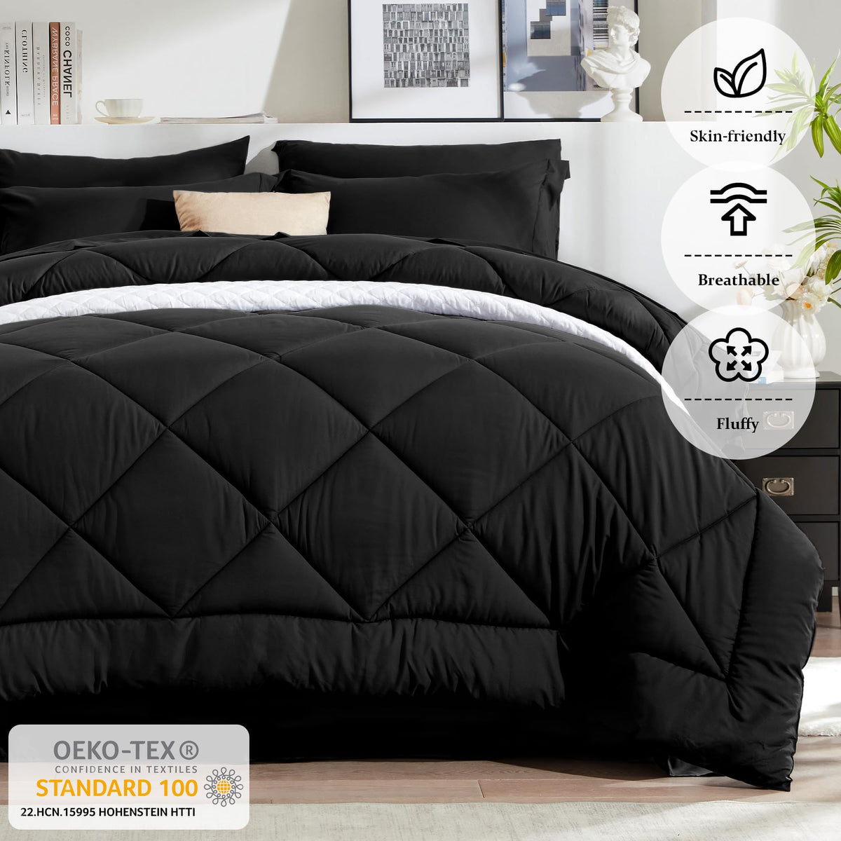 Newspin Queen Comforter Set Black stitching detail prevents shifting for lasting durability.