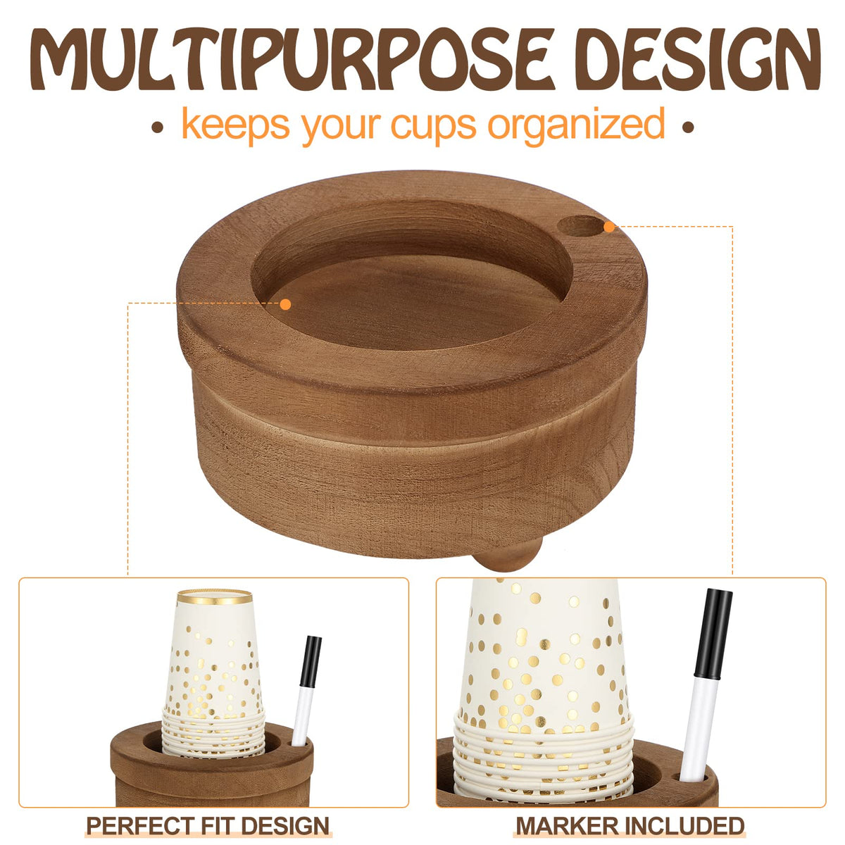 Newtay wooden cup holder front view showing sturdy rustic craftsmanship for daily use