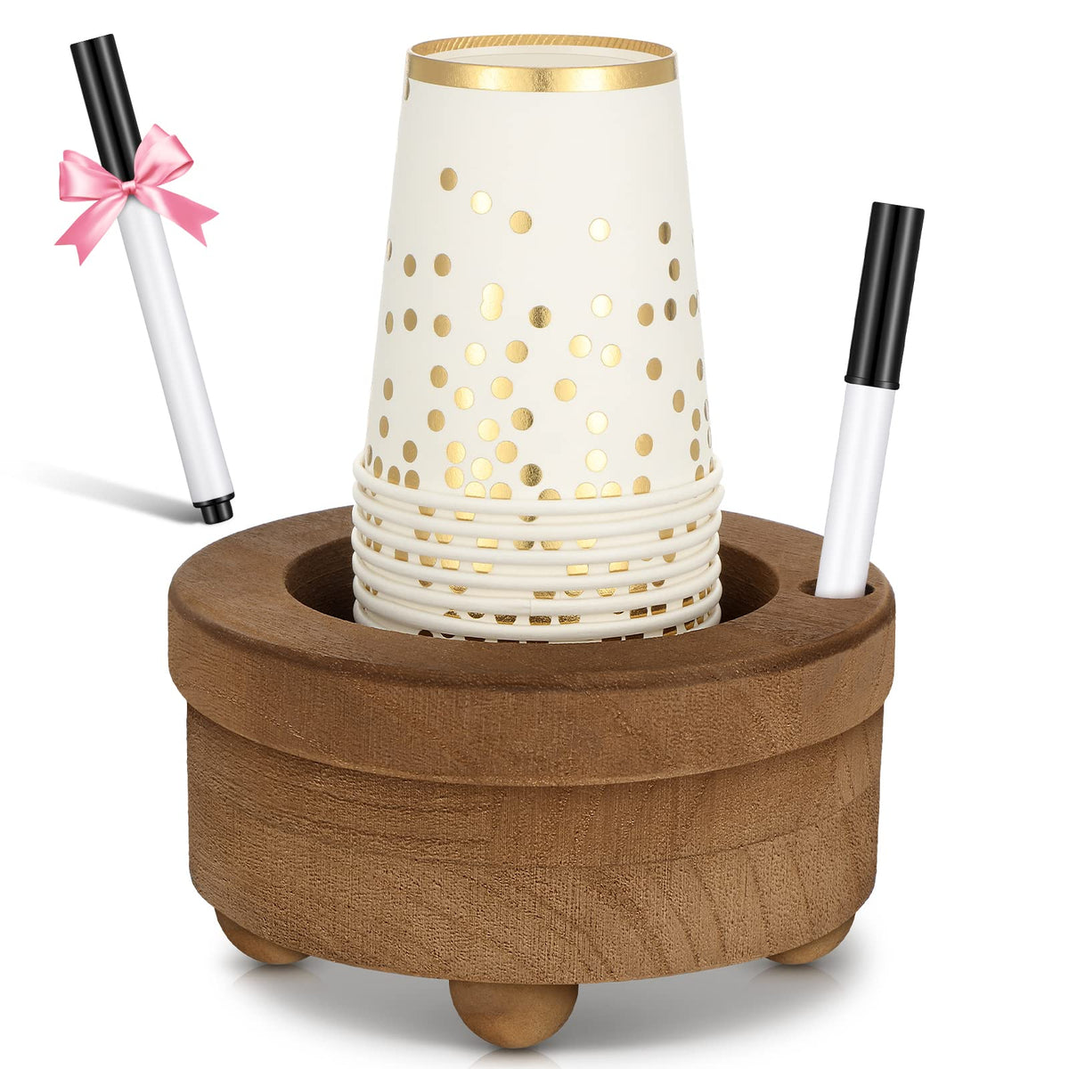 Newtay wooden cup holder with marker slot for elegant party beverage organization