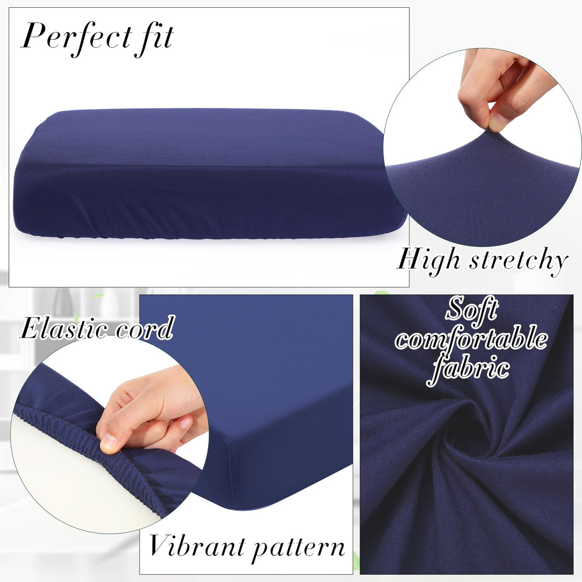 Solid navy cushion cover adds decor while protecting cushions.
