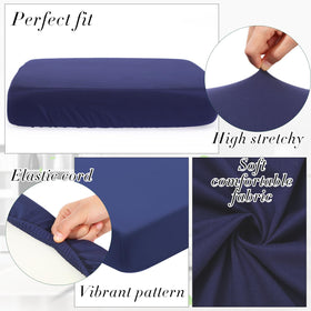 Solid navy cushion cover adds decor while protecting cushions.