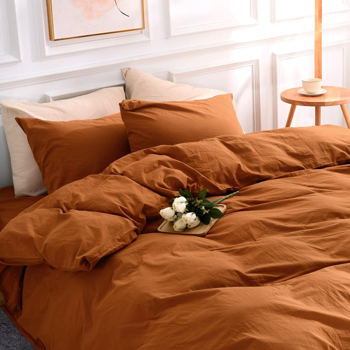 NEXHOME PRO terracotta duvet cover close-up texture showing linen feel.