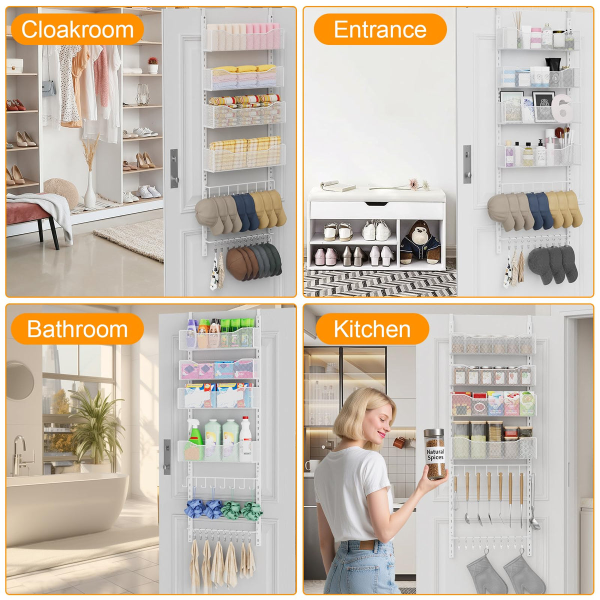 Space-saving NEYCIL behind-the-door storage frees floor and closet space.