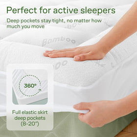 Deep-pocket stretch corners securing topper on a thick mattress