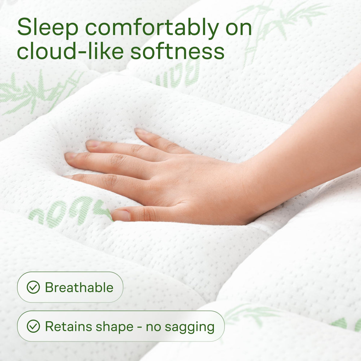 Niagara Sleep Solution king topper closeup shows breathable bamboo rayon fabric for hot sleepers.