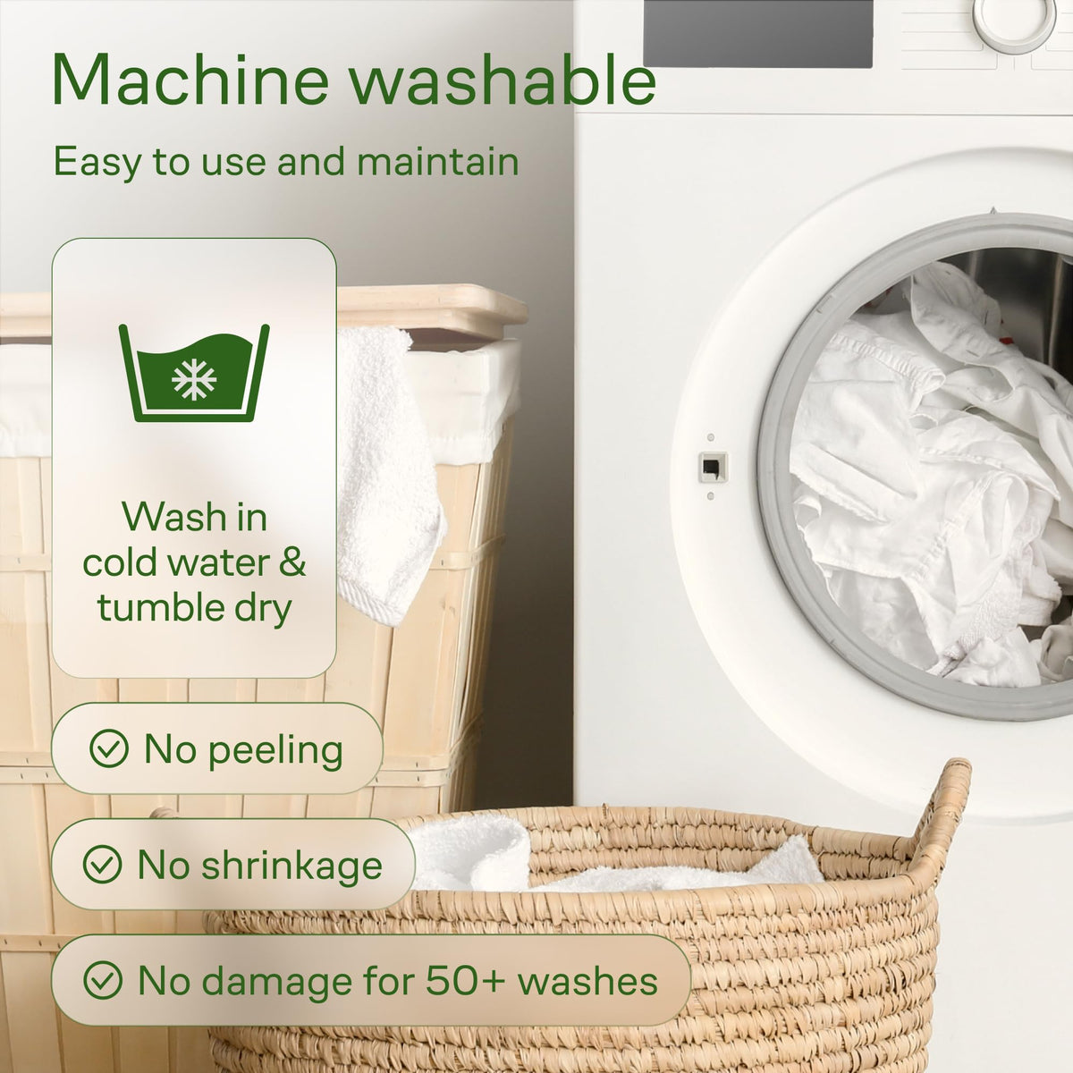 Machine-washable topper with care label visible for easy cleaning