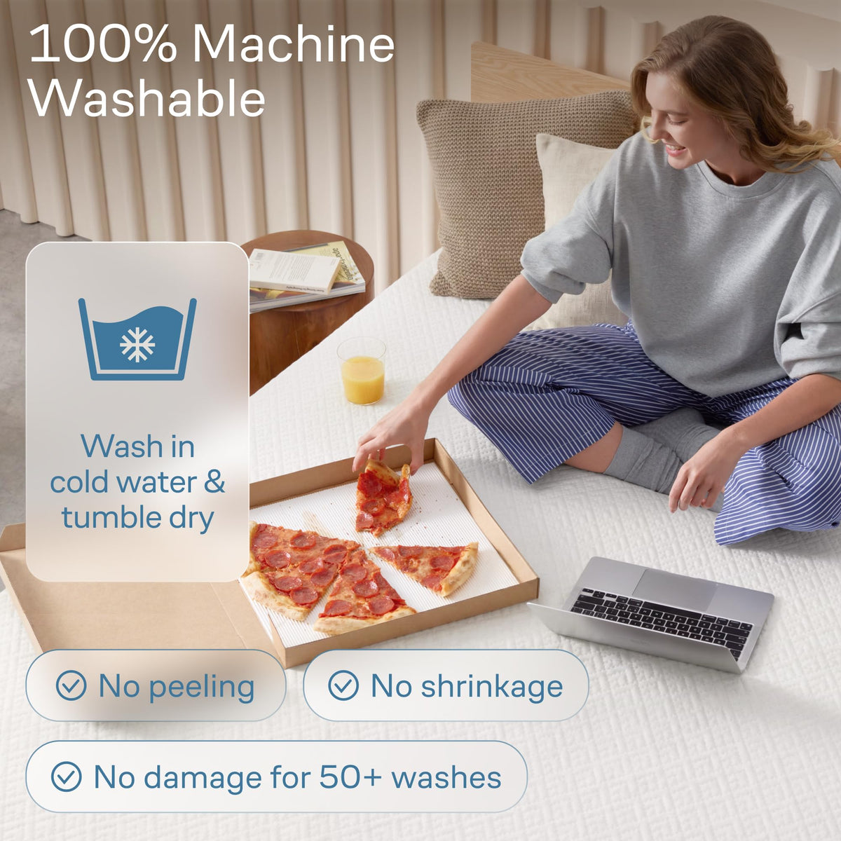 Niagara Sleep Solution machine washable protector stays fluffy after drying for reuse.