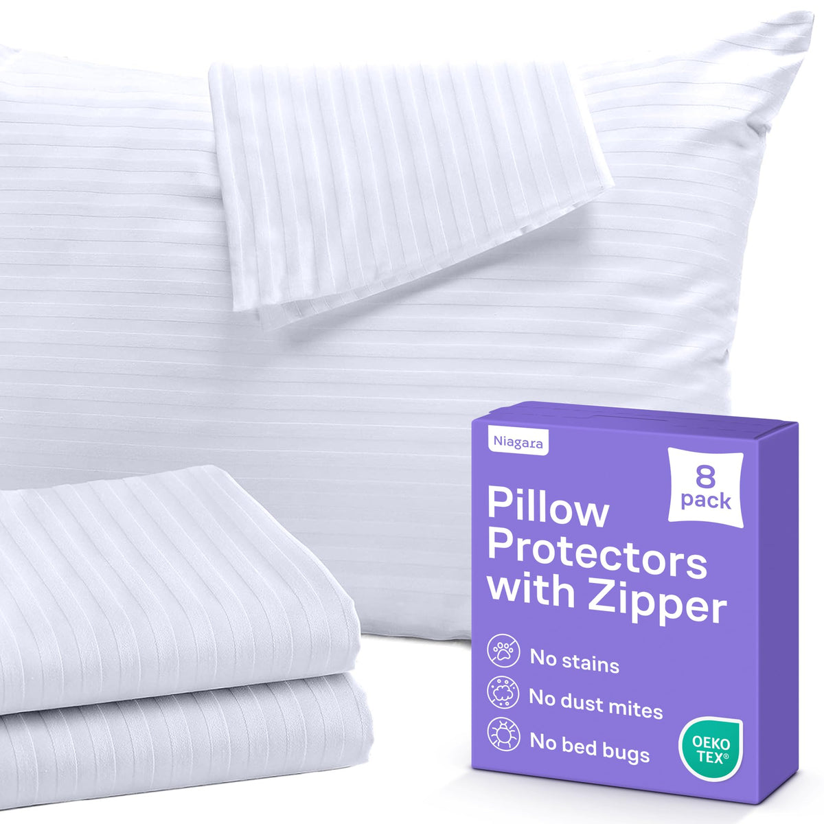 Niagara Sleep Solution king-size pillow protector front view keeps pillows clean.