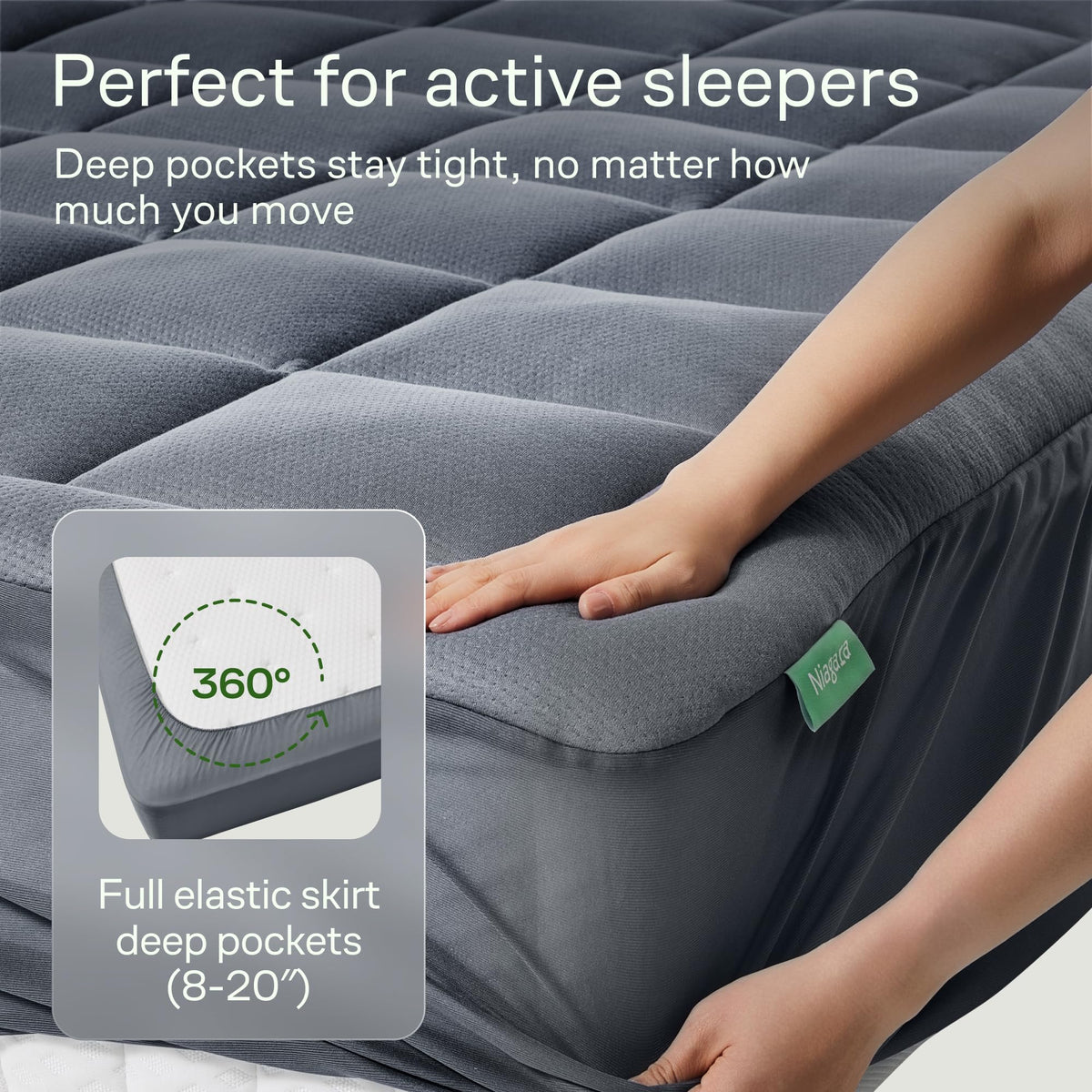 Niagara Sleep Solution elastic skirt close-up shows secure fit on thick mattresses.