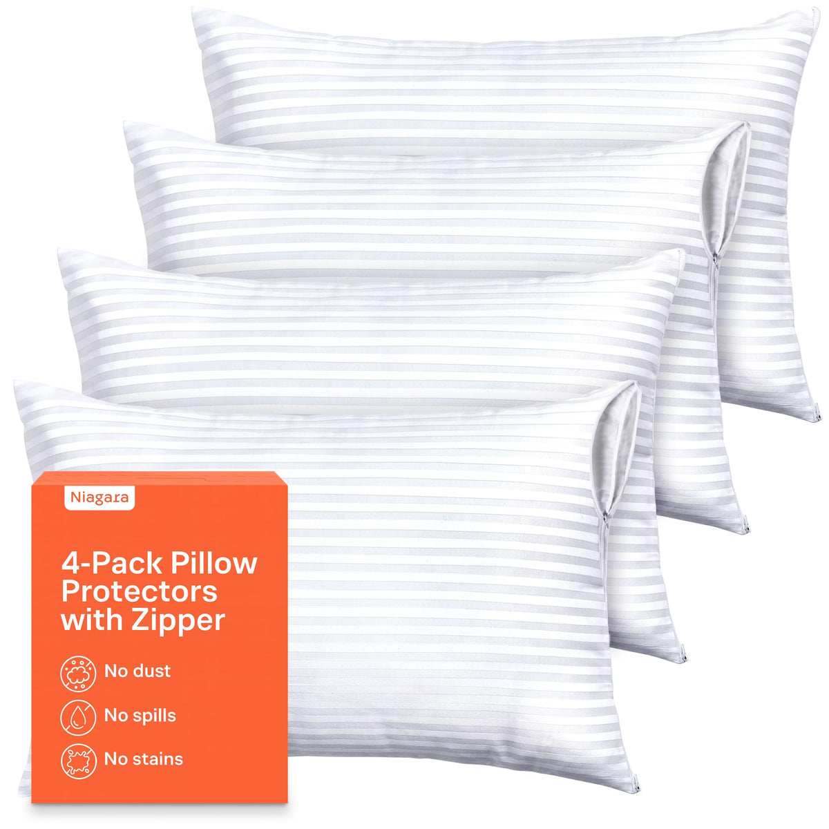 Niagara Sleep Solution ultra-soft king-size pillow protectors four-pack guard against stains.