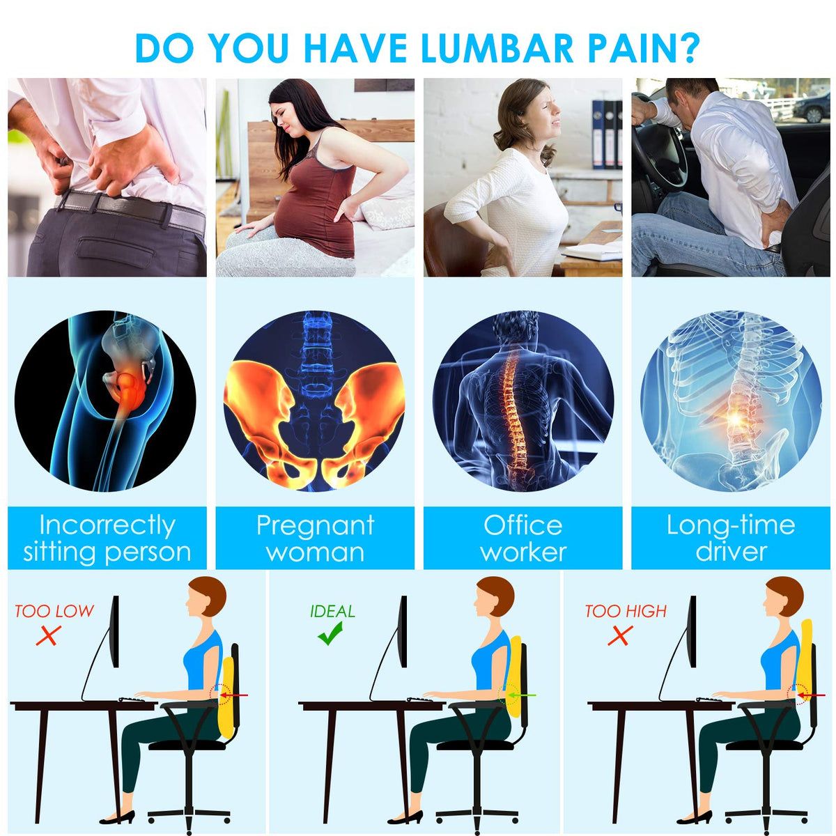 Side view of Niceeday lumbar pillow showing ergonomic contour support