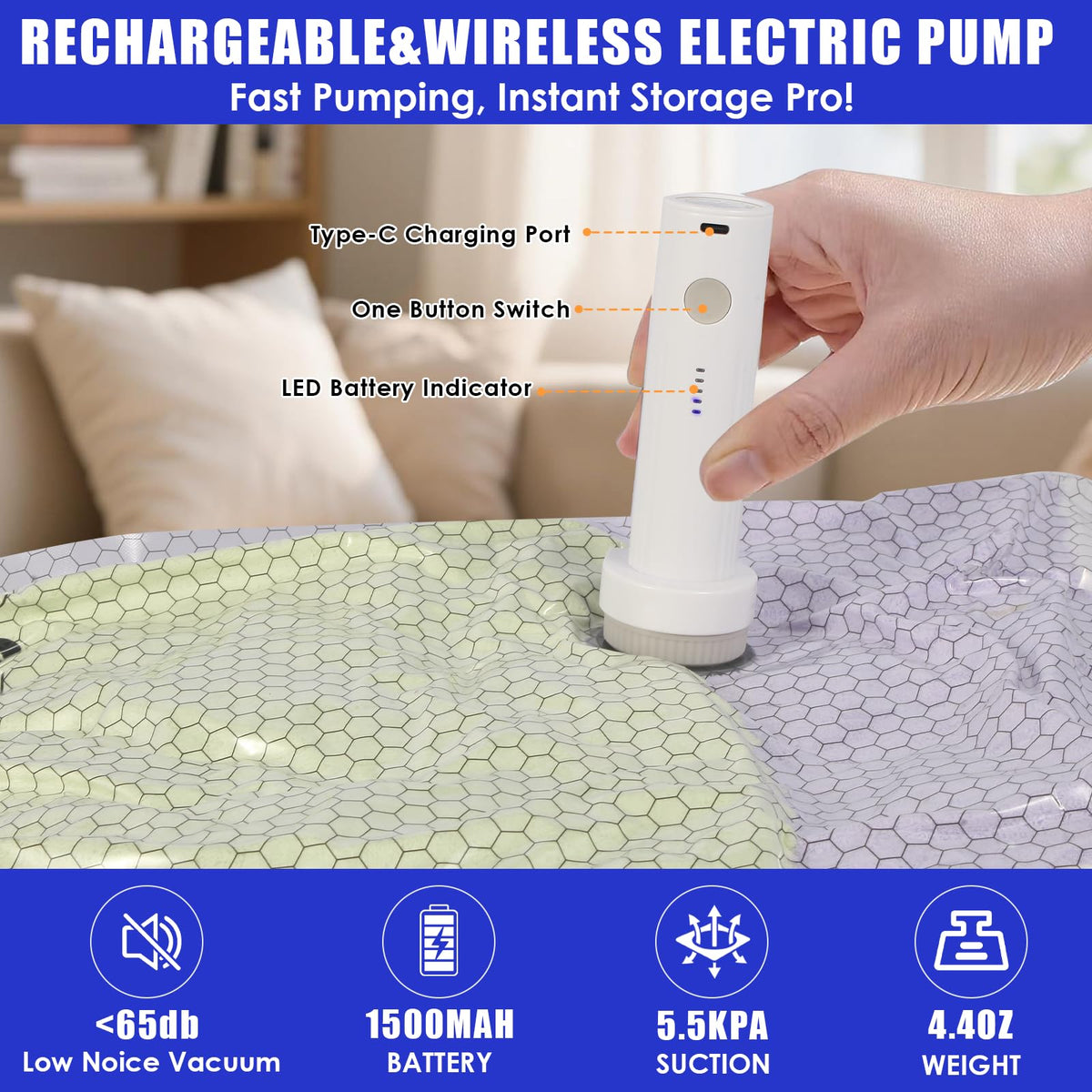 NICELINK rechargeable wireless pump shown for quick cordless compression.