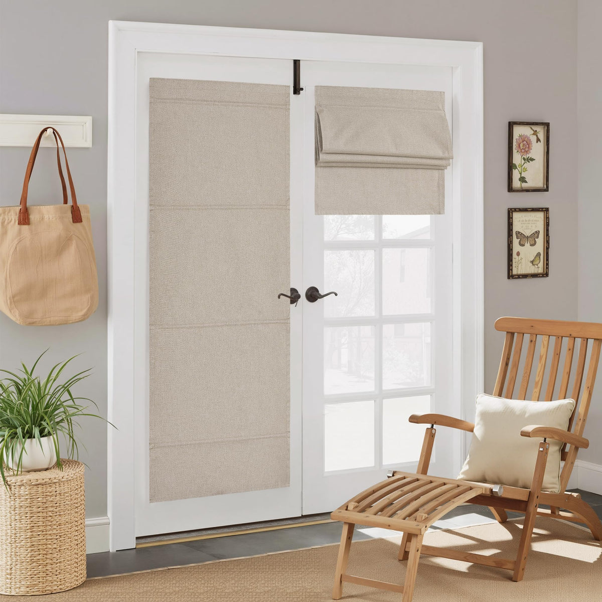 NICETOWN 100% blackout linen door curtain assembly on a door frame for darkness.