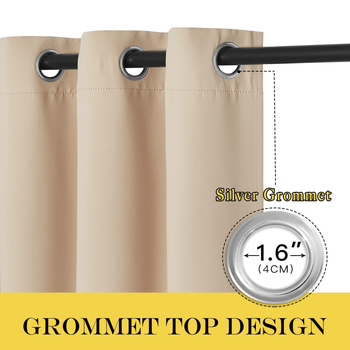 NICETOWN 14-grommet header closeup highlighting modern hardware on Biscotti Beige curtain.
