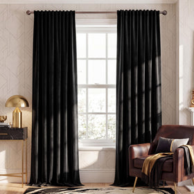 NICETOWN Black Velvet Curtains with rod-pocket design for easy hanging and elegant drape.