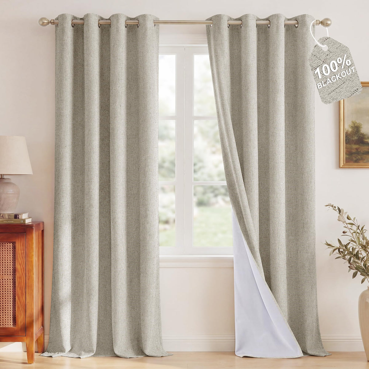 NICETOWN blackout linen beige curtains front view showing full privacy potential