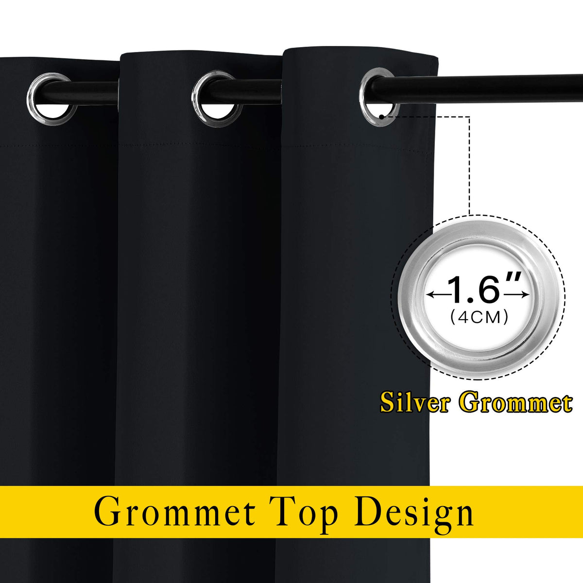 NICETOWN blackout curtains silver grommet detail highlights durable, easy sliding installation.