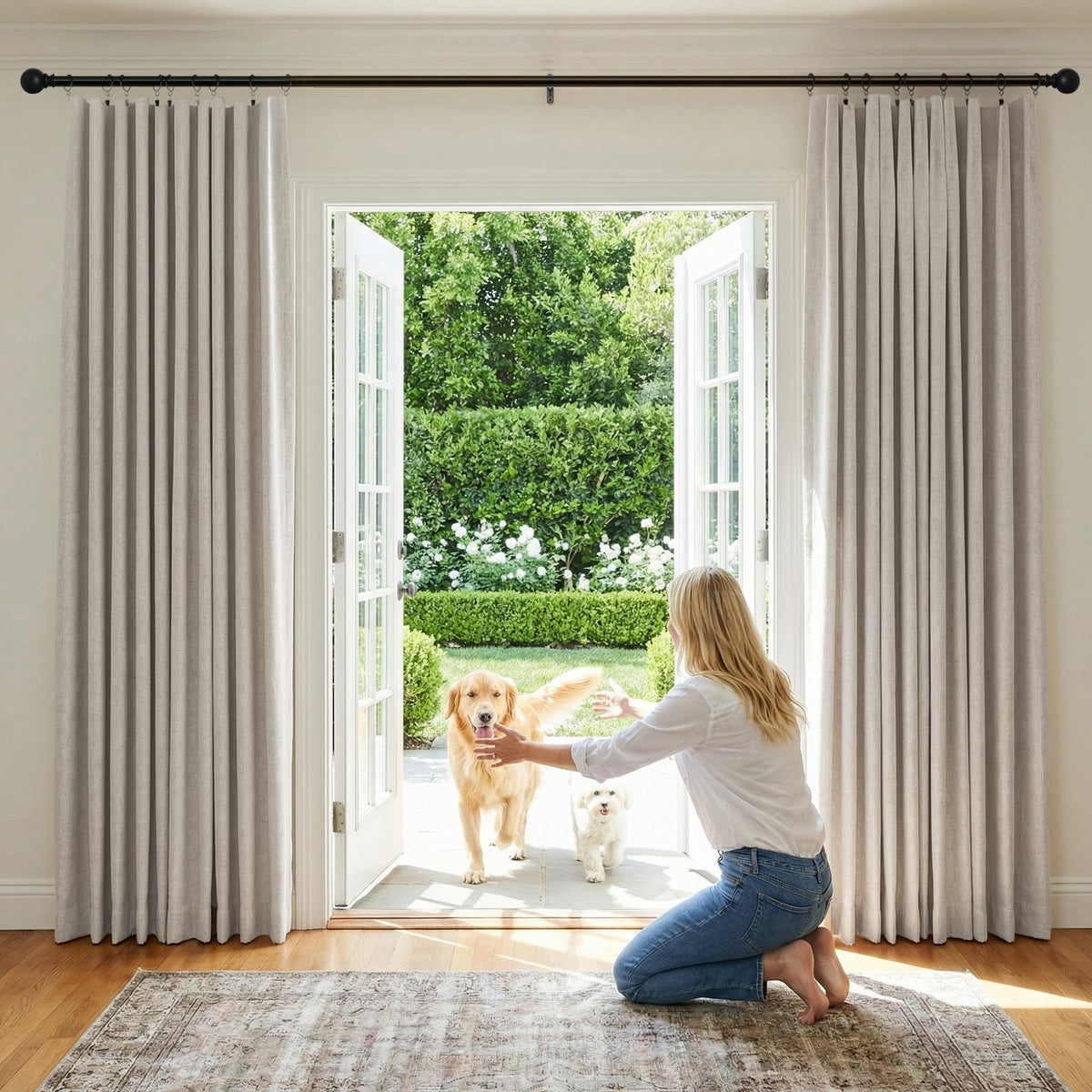 NICETOWN 90-inch blackout linen panel on window for privacy and darkness.