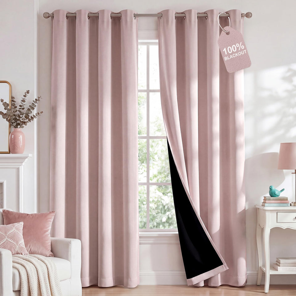 Nicetown blush pink blackout curtains front view two-panel for deeper darkness