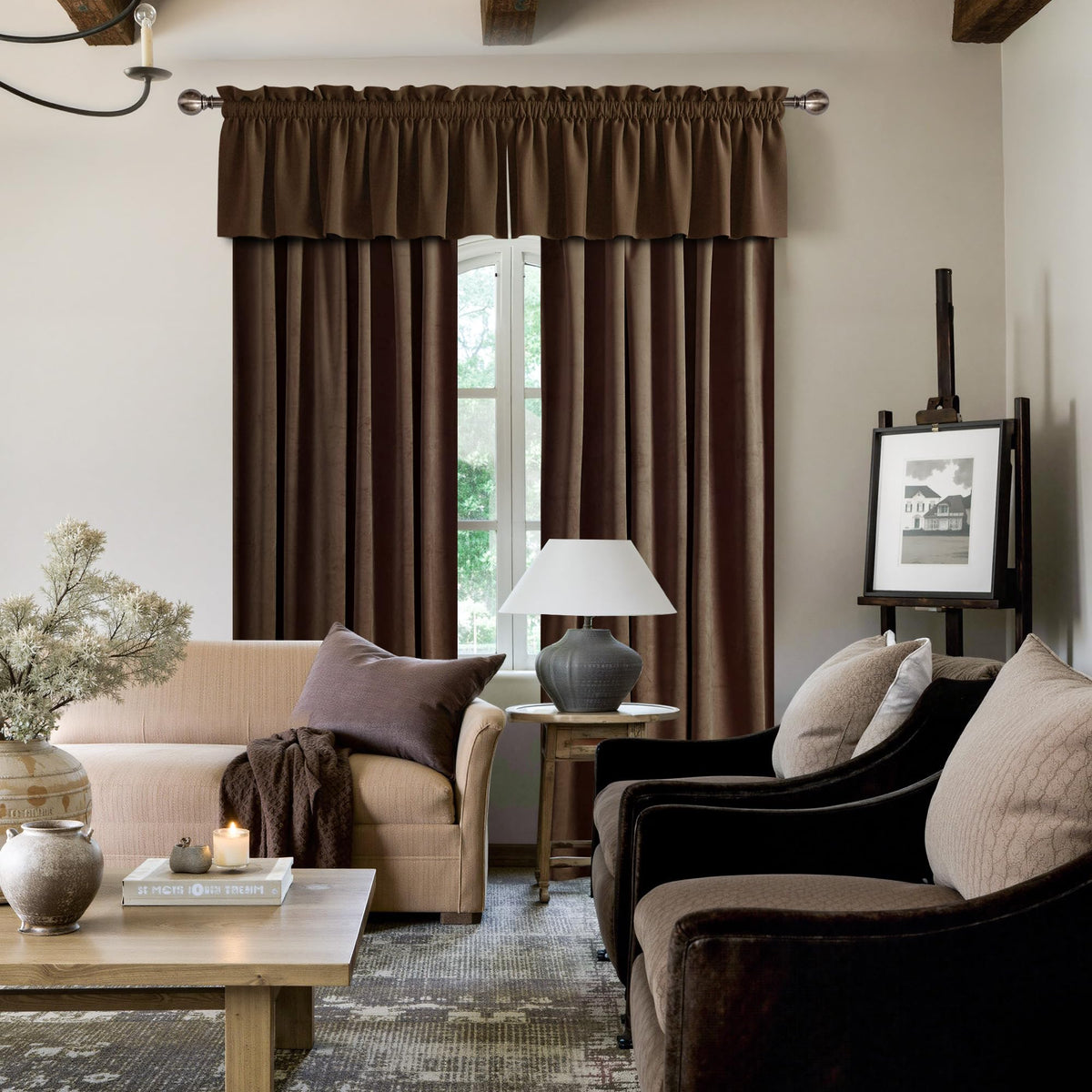 NICETOWN brown velvet curtains 84-inch length, suited for standard windows.