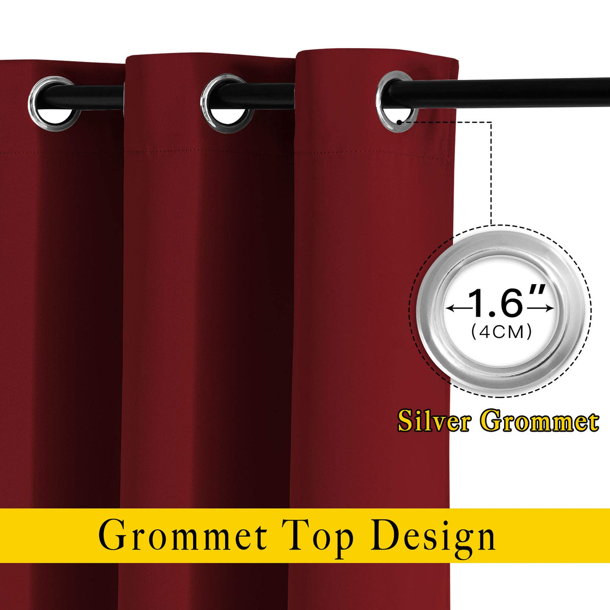 NICETOWN Burgundy blackout curtain close-up highlights soft fabric and grommet top
