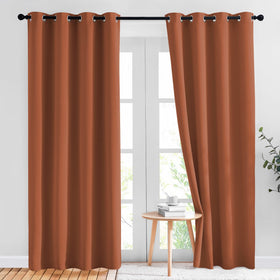 NICETOWN burnt orange curtains left panel enhances privacy and light control.