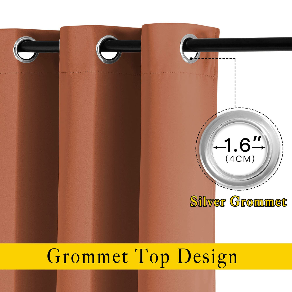 NICETOWN burnt orange curtains right panel easy sliding with durable grommets.
