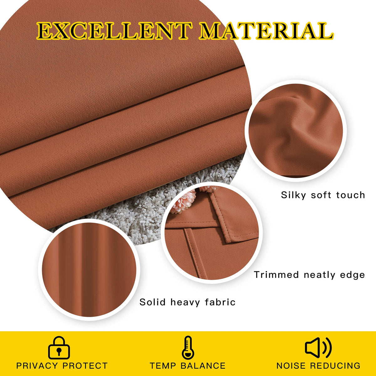 NICETOWN burnt orange curtains demonstrate light-control benefits.