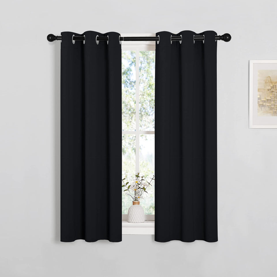 NICETOWN Cafe blackout curtains on shack setup, 2 panels, 29x40, stylish light blocking.