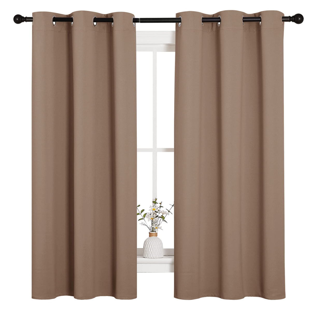 NICETOWN cappuccino blackout fabric close-up shows soft, heavy drape and texture.