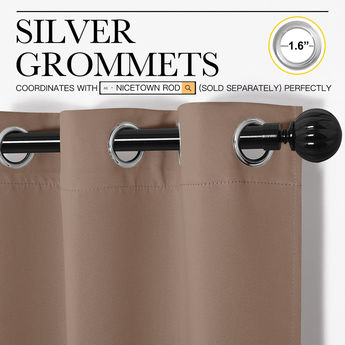 NICETOWN cappuccino blackout curtains grommets close-up demonstrates easy hanging.