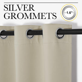 NICETOWN cream curtains with grommets at top for easy hanging and smooth operation.