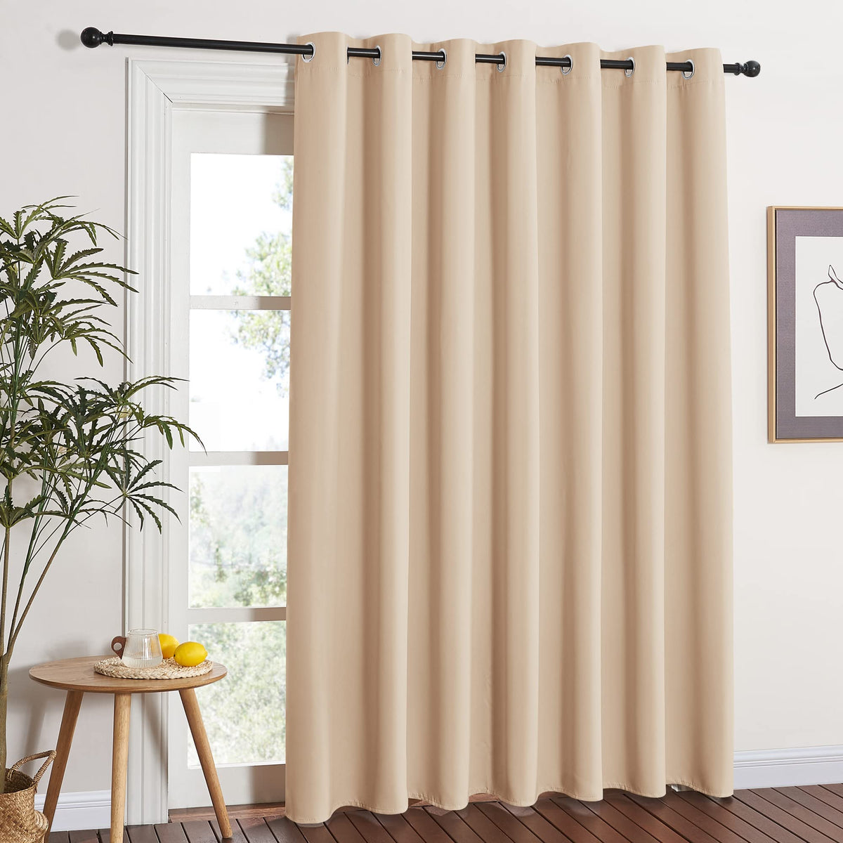 NICETOWN extra wide curtain closeup showing thermal insulation benefits for Biscotti Beige.