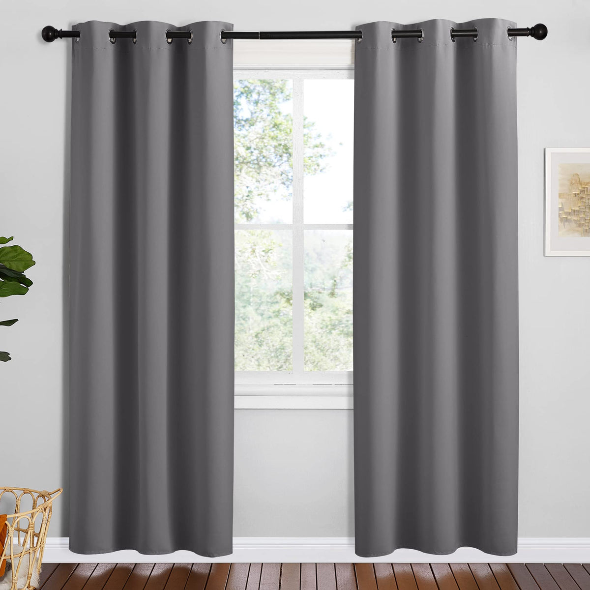 NICETOWN grey blackout curtain panels front view, two-panel set for privacy and light control